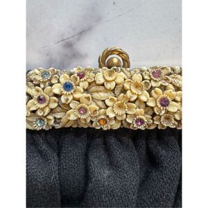 Guild Creations vintage 1940 puffy black pouch purse encrusted jewels floral ple